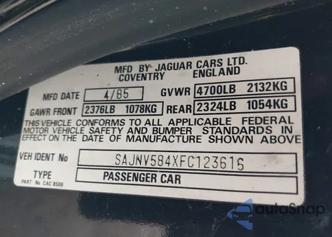 1985 Jaguar Xjs from USA, damaged, VIN SAJNV584XFC123616